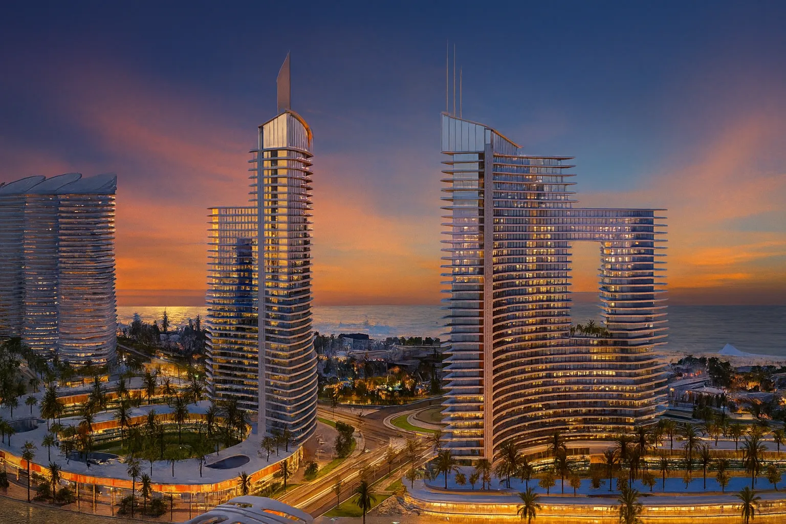 Spectacular night view of The Gate Towers in New El Alamein, featuring a Comelit video intercom installation.