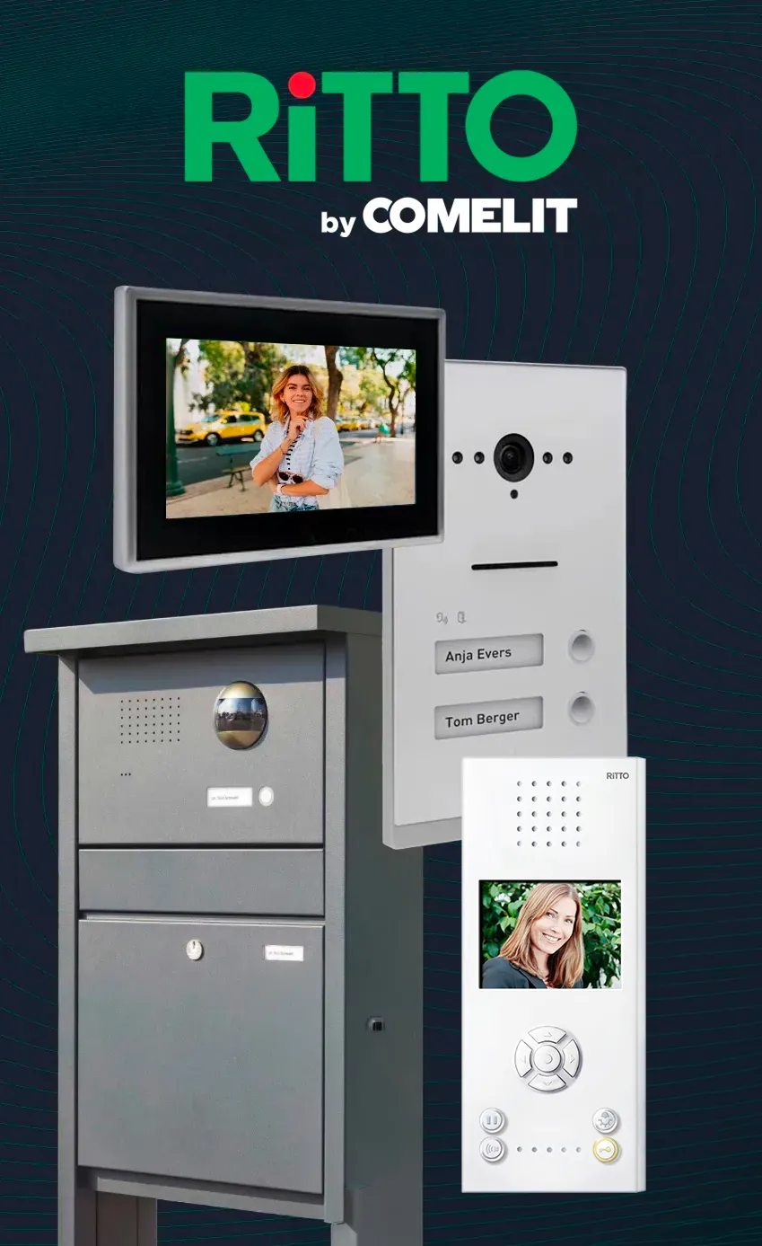 Ritto by Comelit video intercom systems: indoor monitor, entrance panel with camera and wall-mounted intercom on a dark background