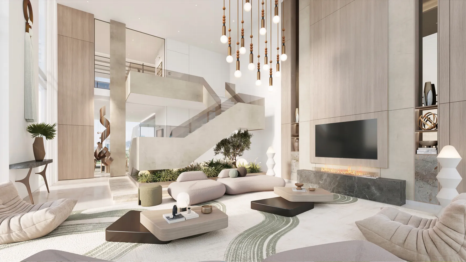 Luxury apartment living room at Upper House Dubai with double-height ceiling and contemporary design