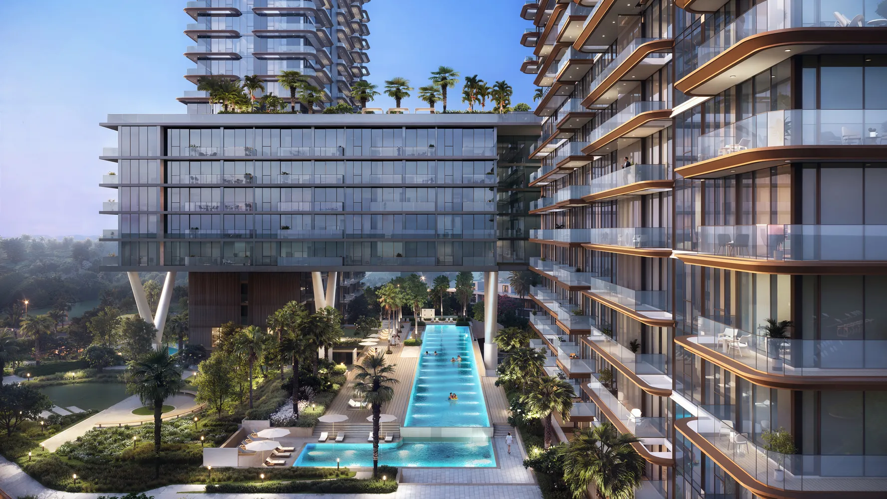Swimming pool and landscaped amenity area between the Upper House towers in Dubai