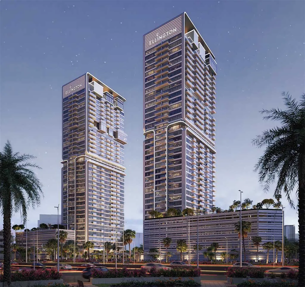 Upper House residential towers by Ellington Properties in Jumeirah Lakes Towers, Dubai, at dusk